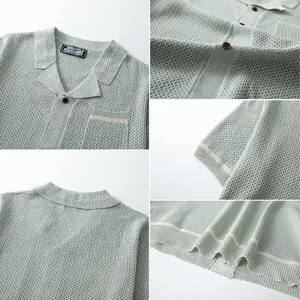 Detailed view of breathable hollow-out knit pattern on men's Cuban collar polo shirt