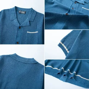 Macro shots of breathable blue knit polo shirt showing Cuban collar and cuff details