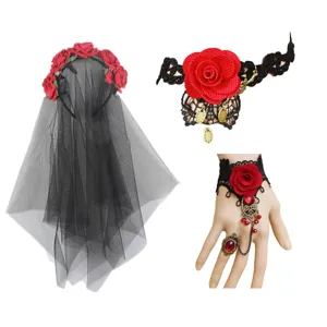 Halloween Jour Des Morts Serre-Tête Fleur De Rose Gothique Crâne Voile De Dentelle Masque Gants Bas Accessoires De Déguisement Pour Femme Fête