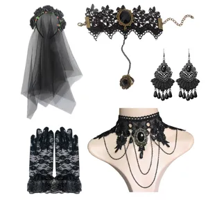 Set d'accessoires gothiques Halloween Jour des Morts avec voile en dentelle et collier