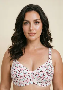 Detailed view of white floral print bra featuring underwire support and wide straps