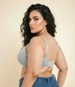 Detailed side back view of a supportive grey plus size comfort bra on a curvy model