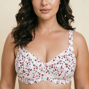 Women Plus Size Minimizer Bra Cotton Blend Floral Print Underwire Ultra Thin Full Cup Support Top Lingerie