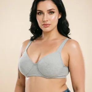 Soft grey textured plus size bra with adjustable straps for full coverage support