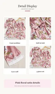 Detailansicht des rosa Satin-Pyjama-Sets mit Blumendruck und Spitzenverzierung