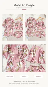 Detailansicht eines rosa Satin-Schlafanzug-Sets mit Blumenmuster und Spitze.