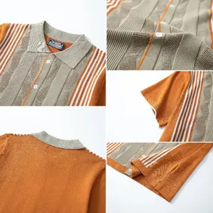 Detailed views of men's striped knit polo shirt showing collar, texture, and hem finish