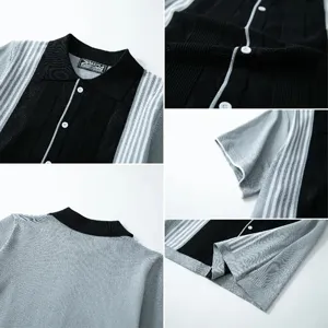 Detailed macro view of a men's striped knitted polo shirt showing fabric texture