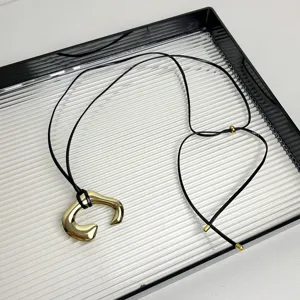 Close up view of stylish gold pendant black leather cord necklace, exquisite accessory detail.