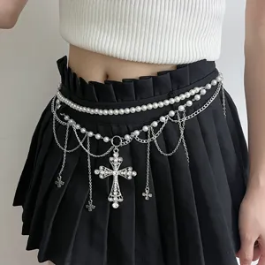 Gothique Rétro Croix Gland Perle Chaîne de Taille Femmes Multi-couches Strass Chaîne de Corps Robe Accessoires Décoratifs Bijoux