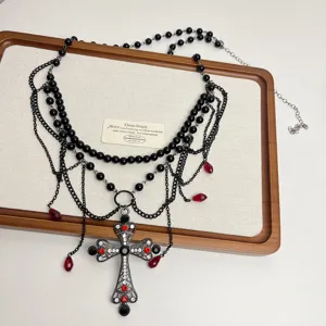 Rétro chaîne de taille multicouche perles croix, collier strass gothique, accessoire robe cool.