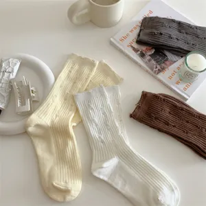 Women autumn winter distressed cotton solid stacked socks, comfortable casual hosiery casual wear.