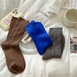 Women autumn winter distressed socks solid color cotton stacked socks casual cozy hosiery.