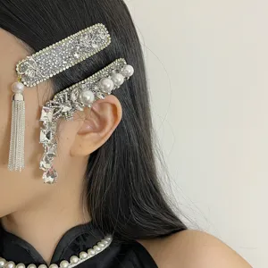 Exquisite silver rhinestone pearl hair clips with tassels for elegant women bridal styling