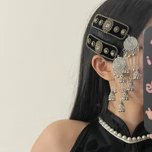 Chinesische ethnische Haarspange mit Quasten, schwarze Samt Vintage Haarspange.
