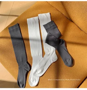 Detail view of summer micro compression ribbed long socks in white and dark grey colors.