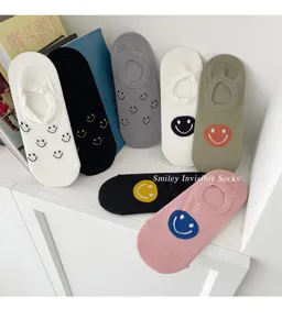 Chaussettes invisibles coupe basse en coton respirant pour femmes joli imprimé visage souriant