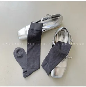 Dark grey ribbed high socks for women, stylish solid color knee high tube socks for daily wear.