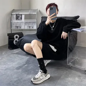 Women autumn winter black distressed slouch socks cotton solid color casual fashion hosiery
