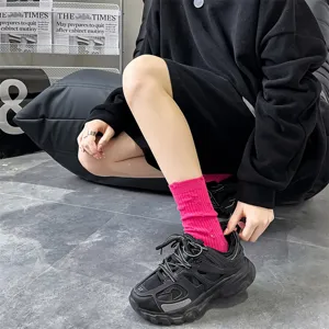 Women's autumn winter solid color distressed slouch socks stylish pink cotton casual socks