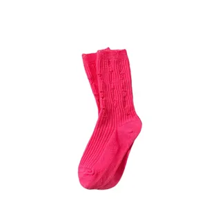 Stylish women hot pink distressed ribbed crew socks cozy casual autumn winter knit hosiery