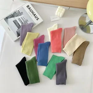 Women solid color candy ribbed mid-tube socks, four season daily casual cotton hosiery.