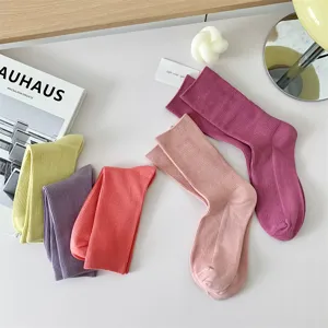 Comfortable candy color cotton women mid tube socks, soft knit daily wear spring socks.