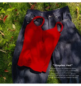 Red ribbed built-in bra camisole with wide neckline and flattering slim fit design.