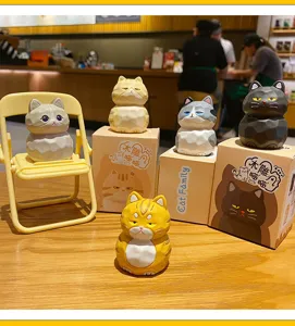 Cute wooden-carving style cartoon cat resin figurine for home office desktop decoration.