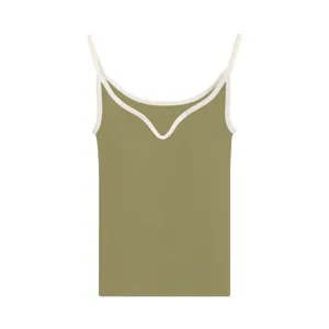 Women's Casual Ribbed Knit Cami Top Seamless French V-Neck Camisole With Built-In Chest Pad Solid Color Basic Tank Top