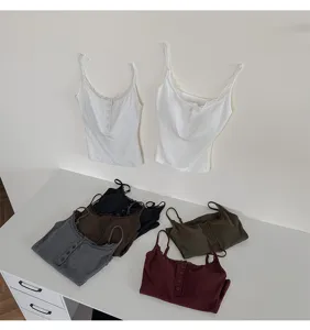 Ribbed lace trim henley camisole with built-in bra pad, comfortable autumn winter essential top.