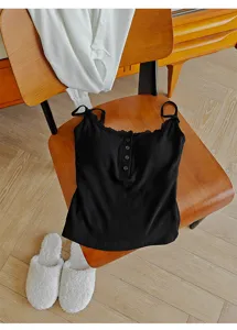 Black ribbed camisole with lace trim and Henley buttons, featuring built-in padded support.