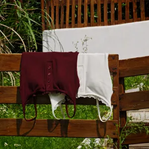 Stylish ribbed fleece lace-trim henley camisole with built-in cups for autumn and winter.