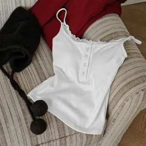 Elegant white ribbed camisole featuring delicate lace trim and trendy Henley button design.