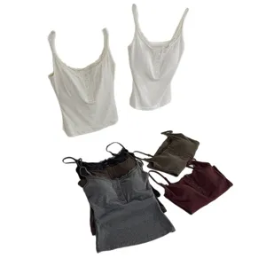 Women ribbed camisole top with lace trim, button henley neck and built-in bra pad design.