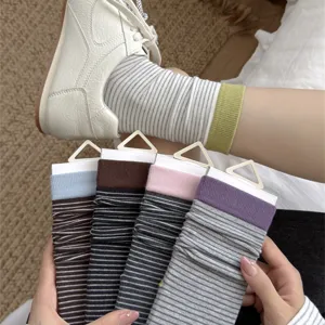 Comfortable cotton striped mid tube socks for women, Japanese style stacked socks, casual wear.