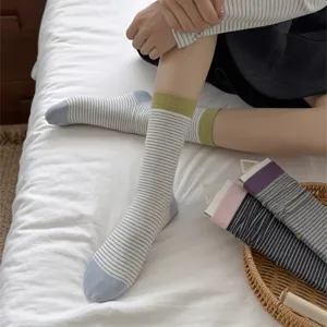 Detailed view of women's autumn striped mid-calf cotton socks, soft and comfortable daily wear.