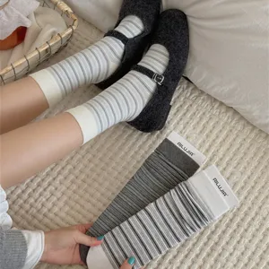 Japanese style striped mid-tube cotton socks for women, autumn cozy daily wear detail view.