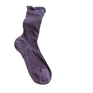 Women's Cotton Lace Vertical Striped Crew Socks Breathable Solid Color Casual Mid Tube Socks