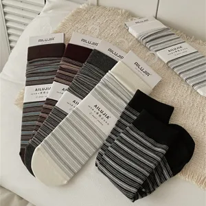 Detail shot of Japanese style striped cotton crew socks, soft knit texture and comfortable fit.
