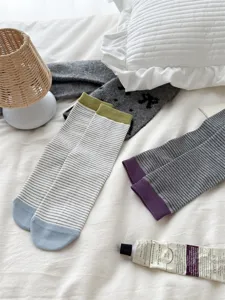 Comfortable cotton striped mid-calf socks for women, stylish vintage casual daily wear.