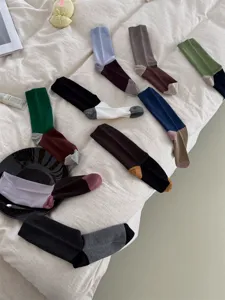 Autumn winter women cotton mid-calf socks with stylish color block design, comfortable daily lay.
