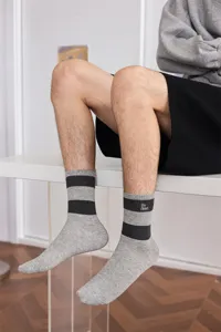 Detailansicht von Herren Baumwoll-Freizeitsocken mit breiten Streifen und Stickerei.