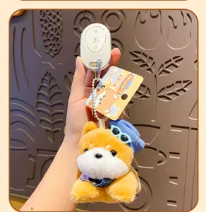 Cute Shiba Inu plush keychain pendant with stylish hat and sunglasses for bags and keys.