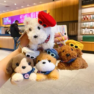 Cute puppy plush keychains set, mini dog stuffed animal bag charms with cute hats and glasses.