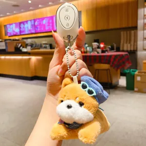 Cute puppy plush key chain charm with mini remote control, soft stuffed animal bag accessory