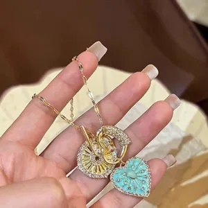 Vintage Vert Menthe Tournesol Cœur Pendentif Collier Femme Allié Plaqué Or Strass Élégante Chaîne Clavicule Bijoux Cadeau