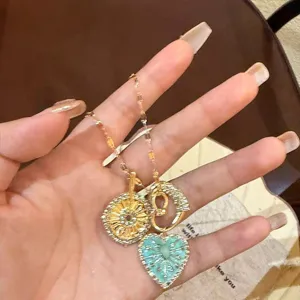 Collier pendentif cœur tournesol vert menthe vintage pour femme chaîne élégante bijoux