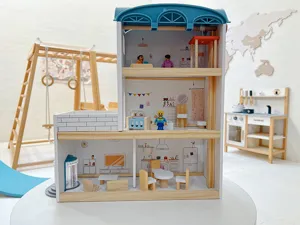 Casa delle bambole in legno stile nordico giocattolo multilivello con mobili in miniatura.