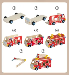 Children wooden assembly fire truck toy detailed parts set with screws and nuts for kids.